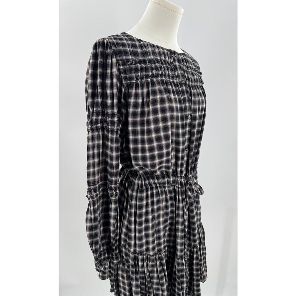 La Vie Rebecca Taylor Black White Dress Plaid Check Ruffle Puff Sleeve Large NWT